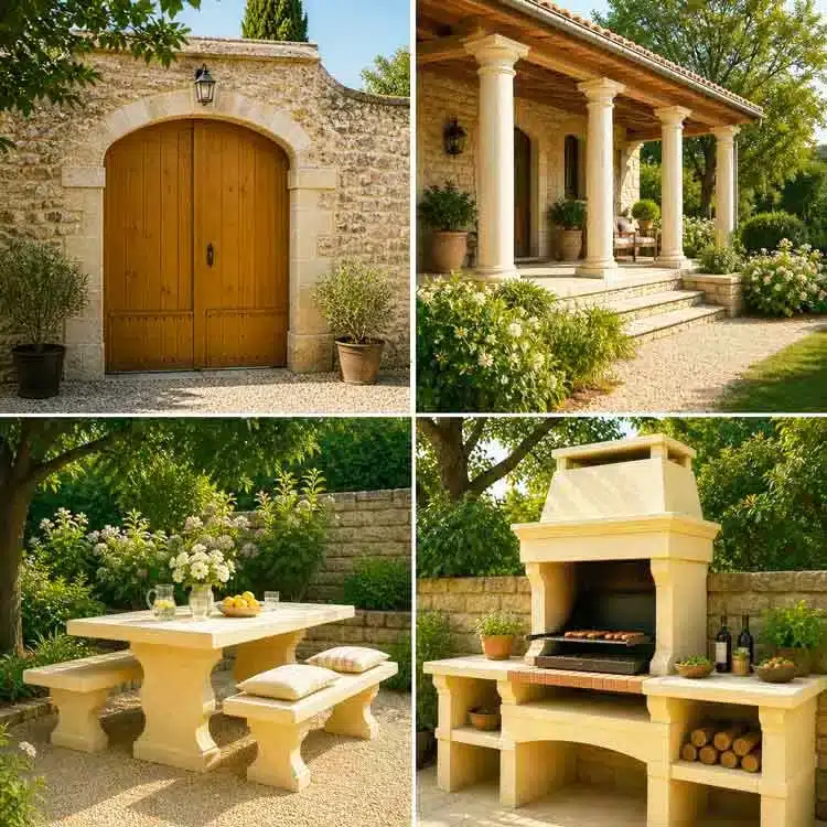 Aménagements extérieurs Guillon-Frères, porche d'entrée, patio à colonnes, coin déjeuner en pierre, barbecue cuisine d'été