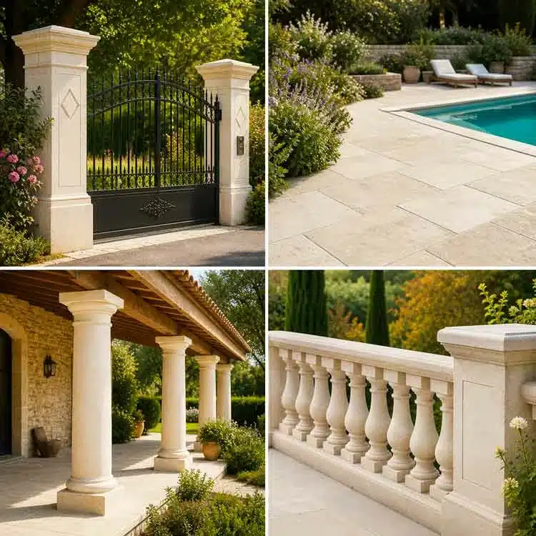 Aménagements extérieurs Guillon-Frères, dallages, colonnes, balustres, piliers de portails