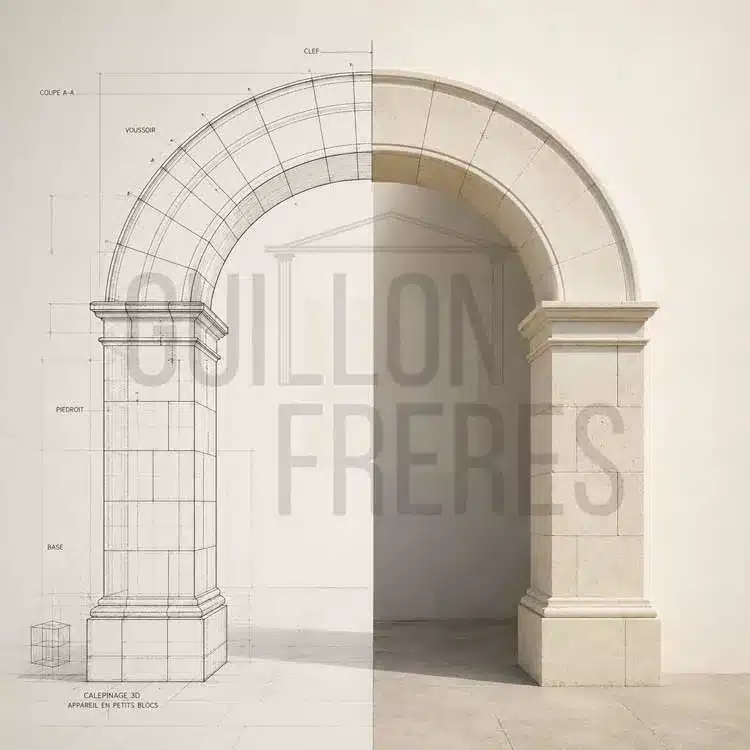 Représentation de stéréotomie pour la taille de pierre d’une arche en patrimoine bâti